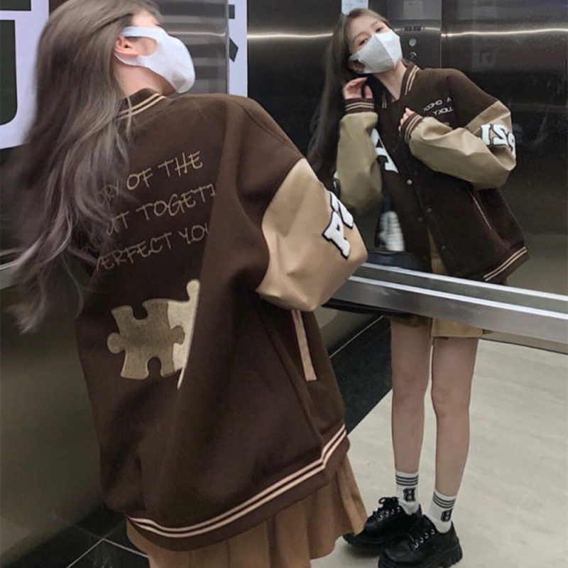 Áo khoác bóng chày IELGY dày dáng rộng phong cách Hàn Quốc cho nữ