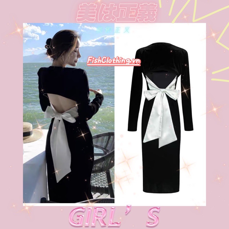 ORDER🖤Váy dự tiệc nhung dài cổ vuông ôm body xẻ đùi hở lưng thắt nơ xinh xắn|Đầm tiểu thư dạo phố có big size S-2XL