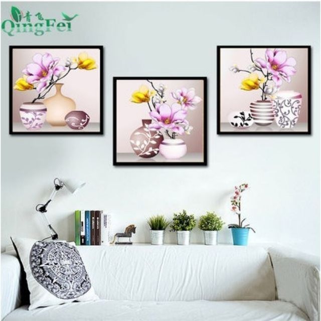 Trạnh thêu bộ ba bình hoa hh0854. hh0855. Hh0856( 45x45 cm) xb3 bức