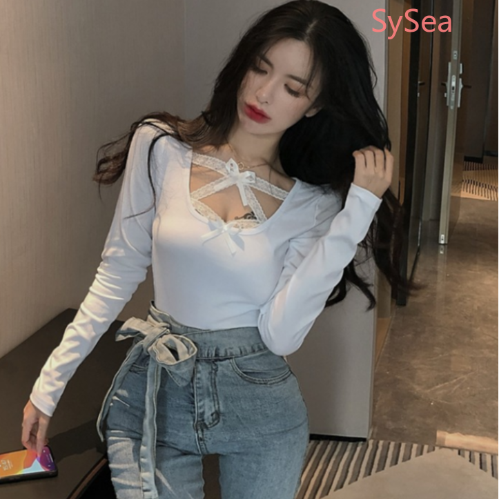 Áo Thun Dài Tay Phối Ren Hoa Thiết Kế Quyến Rũ Thời Trang Nữ