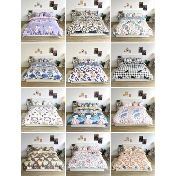 Bộ chăn ga gối cotton poly Hàn Quốc, bộ ga gối cotton 4 món vỏ chăn có khoá kéo lồng được ruột