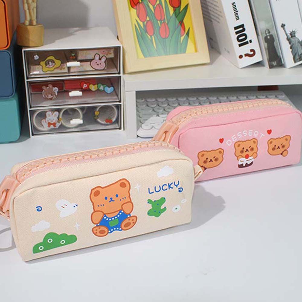 Túi đựng bút bằng vải canvas sức chứa lớn nhiều màu sắc có khóa kéo họa tiết gấu dễ thương