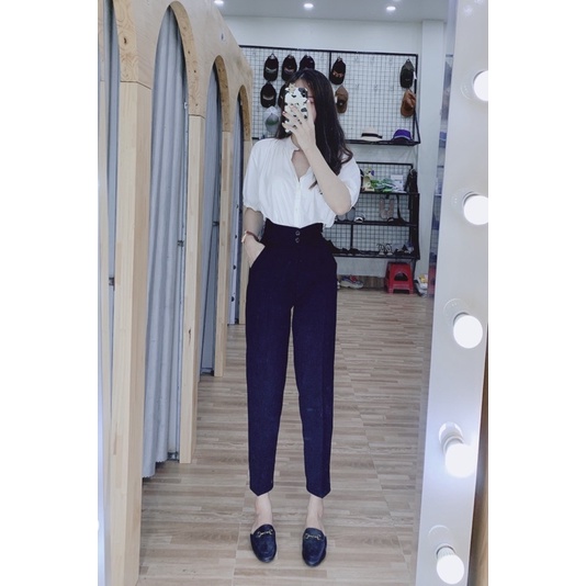 Quần baggy vải cạp cao hack dáng - dài chân