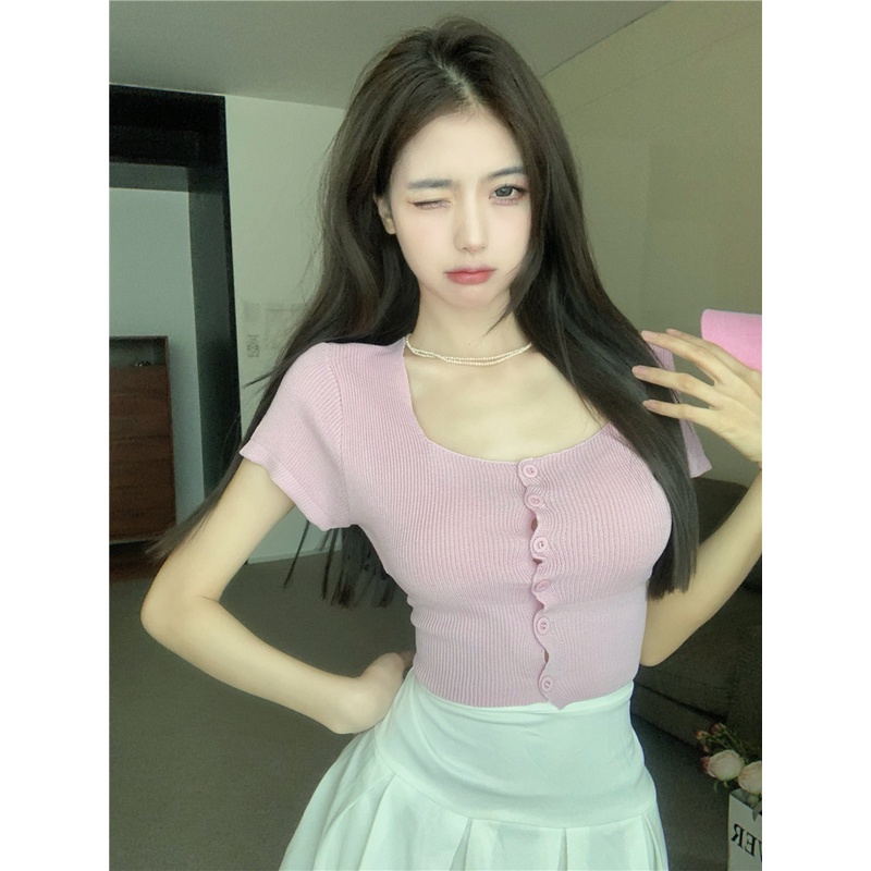 QKOOLE Áo Dệt Kim Tay Ngắn Cổ Vuông Phong Cách Hàn Quốc Cho Nữ 6 Màu Lựa Chọn