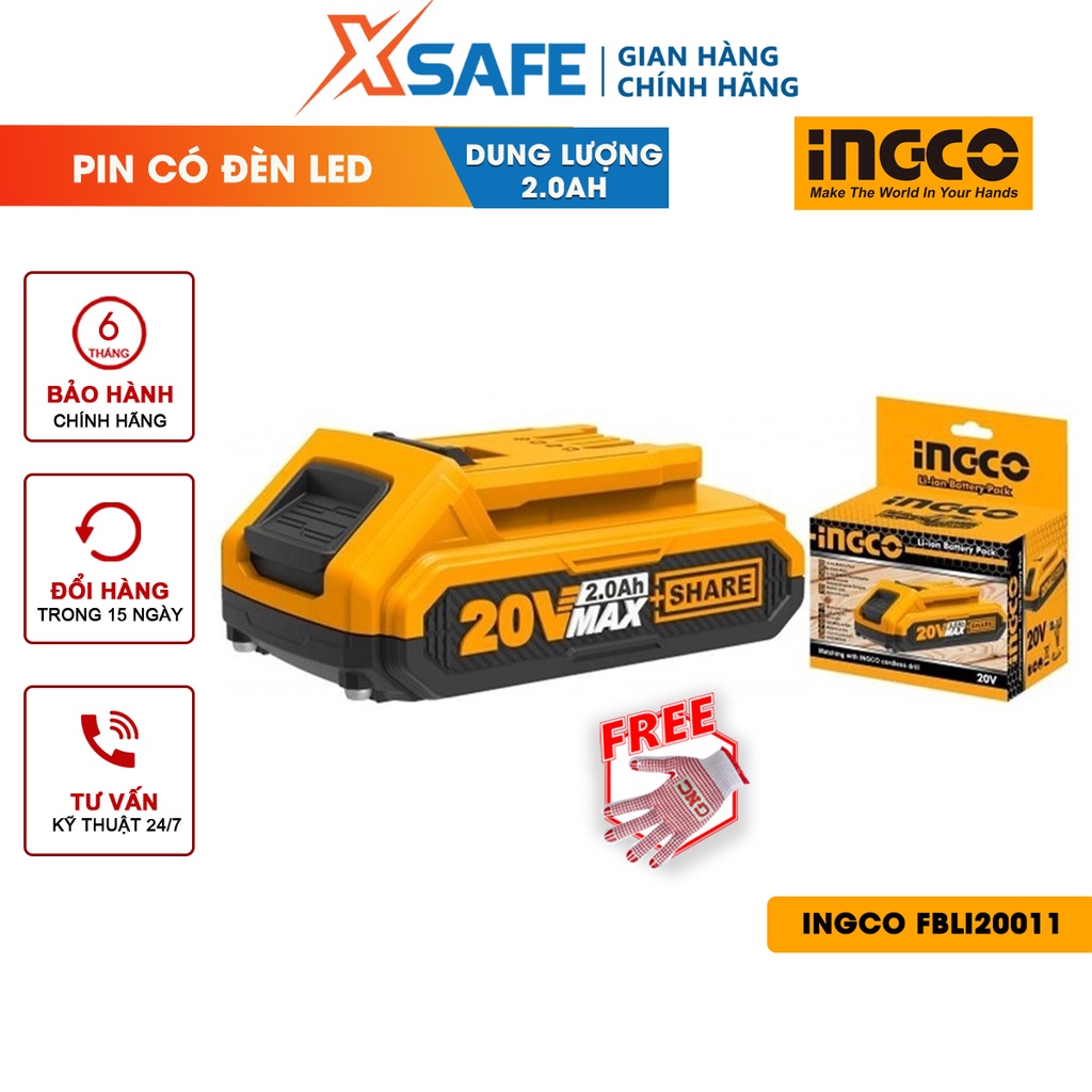 Pin Lithium-Ion INGCO FBLI20011 Pin sạc Lithium dung lượng pin 20V/2.0Ah phù hợp nhiều loại máy INGCO 20V, có đèn LED