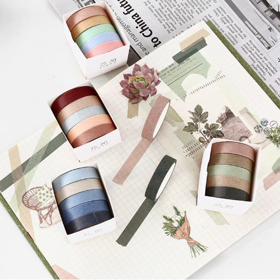 [CÓ SẴN] Bộ 5 Masking Tape (Washi Tape) (Phụ Kiện Sổ Planner): Bộ 5 Cuộn 10mm*5m ( 021 )