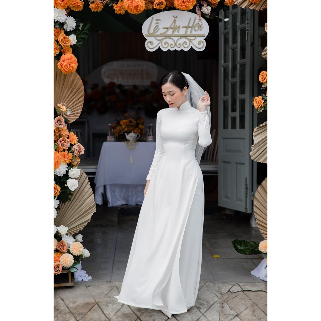 Áo dài trắng cô dâu 2 tà chất liệu lụa mỹ, tặng kèm voan cô dâu