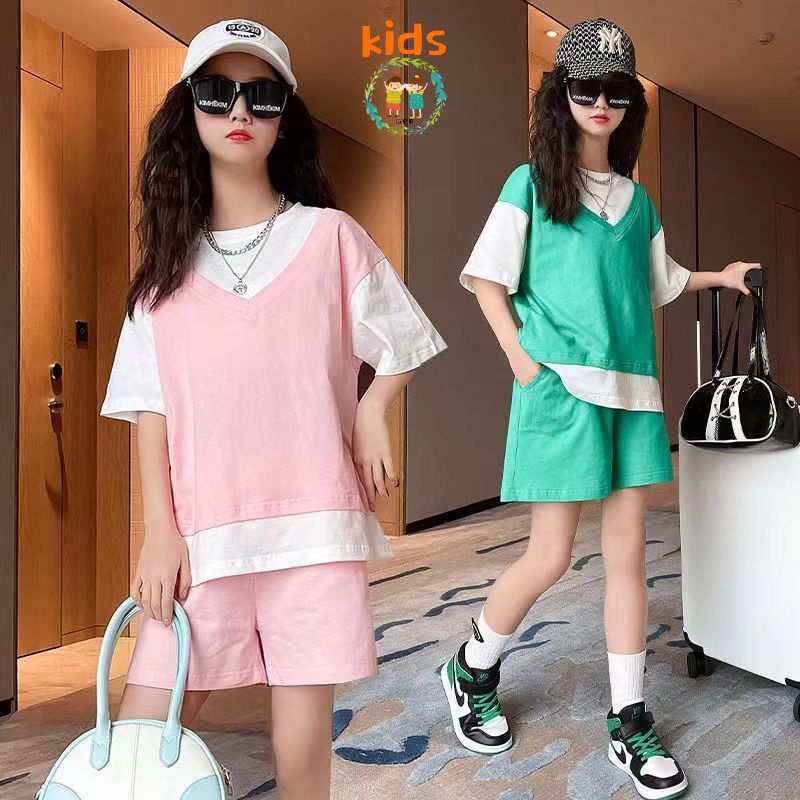 Set Đồ Mùa Hè 2022 Gồm Áo Thun Cotton Tay Cộc + Quần Ngắn Cho Bé Gái 3-5 - 8-10 - 12-13 Tuổi
