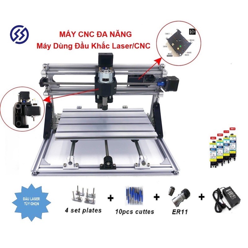 Máy phay go CNC mini 3018 pro + 10 mũi phay PCB + 4 Set plates + ER11 (mẫu 2021)