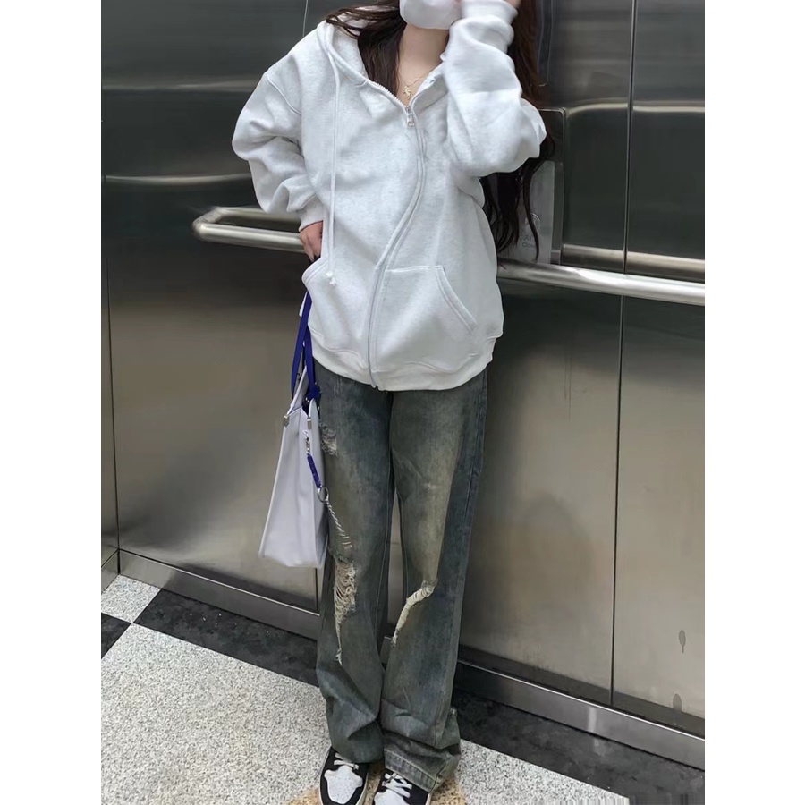 Quần jeans Nữ Lưng Cao Ống Đứng Mài Rách Thời Trang Hàn