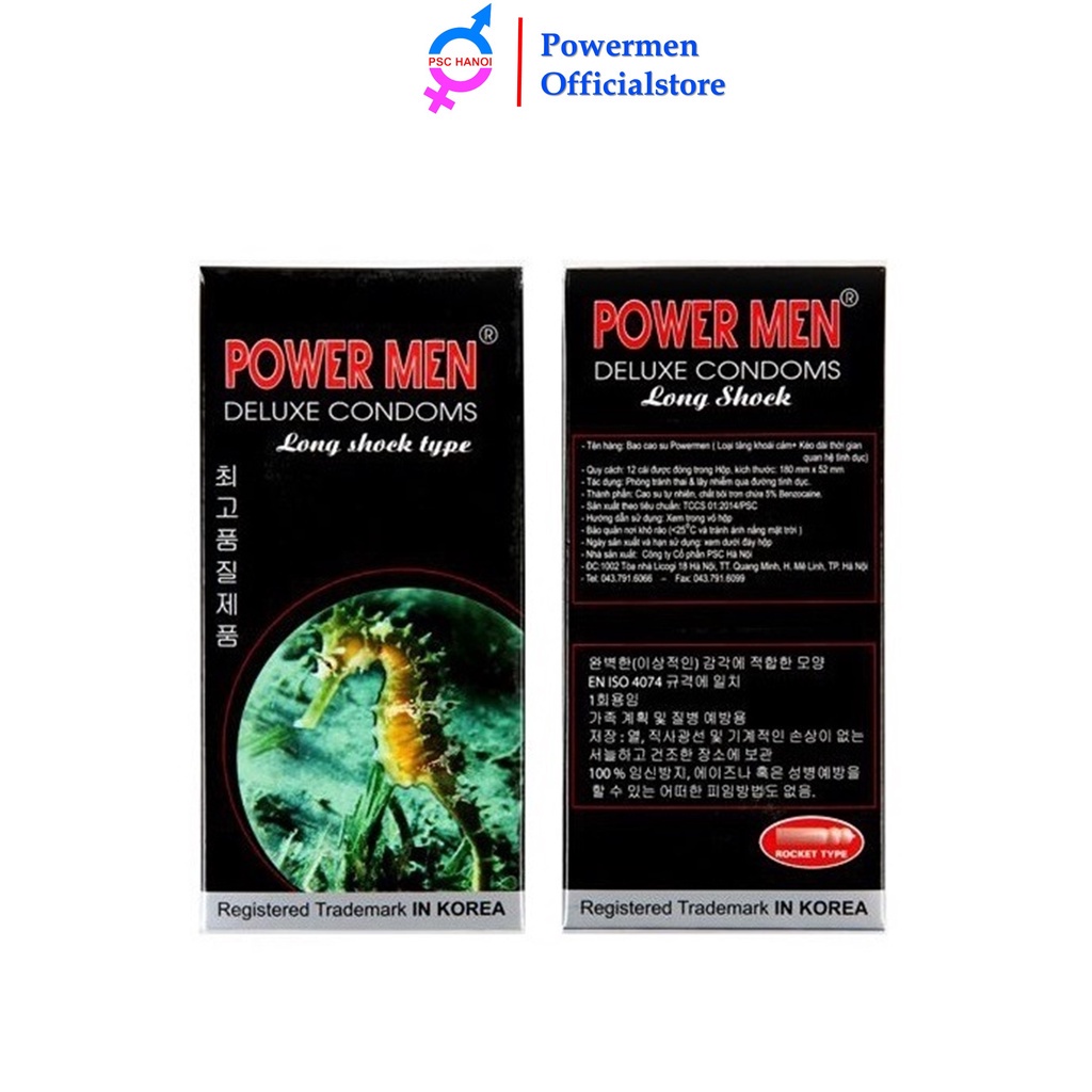 Bao cao su POWER MEN siêu mỏng chứa 5% Benzocain kéo dài thời gian POWER MEN LONGSHOCK cá ngựa đen hộp 12 chiếc