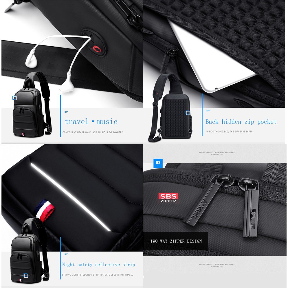 Túi đeo trước ngực chống thấm nước có cổng sạc USB cho nam