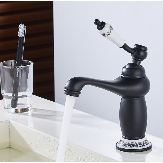 Vòi lavabo nóng lạnh giả cổ chất liệu đồng màu đen