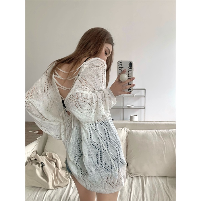 NUZIRO  Áo len  đan tay dài hở lưng thời trang dành cho nữ
