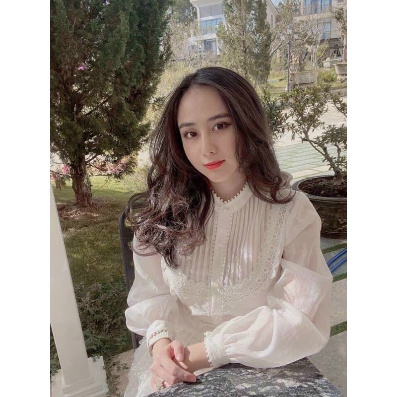 Áo sơ mi cổ tàu viền ren ngực