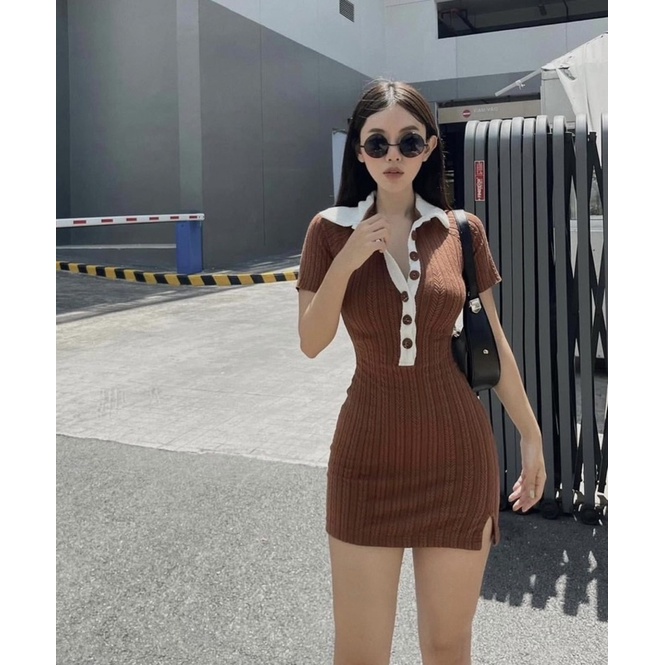 Đầm body len ngắn cổ đức cài khuy sexy hàn quốc