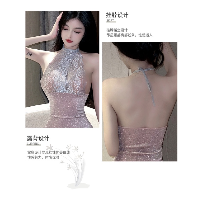 Summer 2022 new sexy bright silk sheath dress lace stitching neck hanging neck backless dress