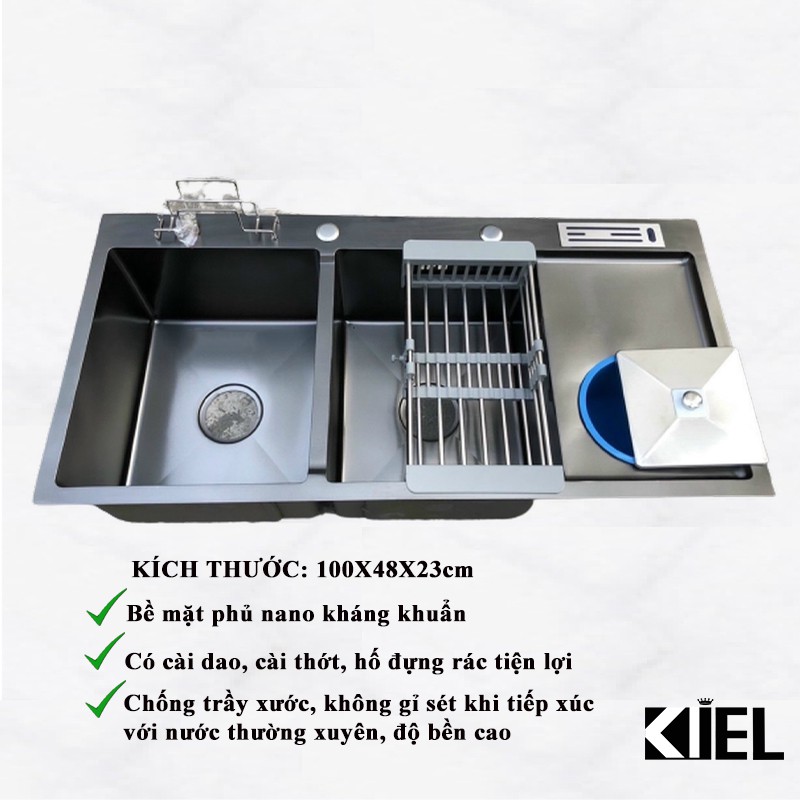 Chậu rửa chén bát 2 hố inox 304 phủ nano cài dao, cài thớt có hố rác 100x48,bảo hành 2 năm - COMBO chậu rửa chén nano