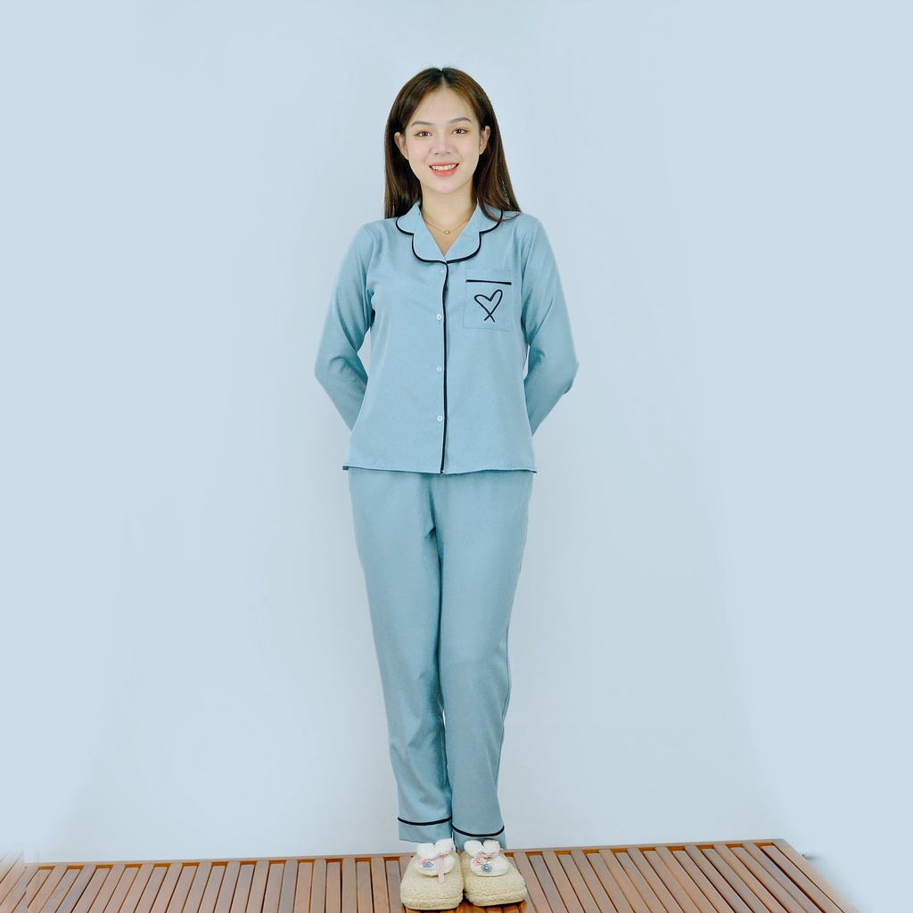 Bộ PIJIMA Nữ màu XANH XÁM Chất Lụa Cao Cấp - Quần dài tay dài điểm nhấn in trái tim túi  - Nhẹ nhàng - Sang trọng