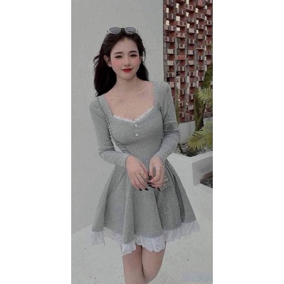 Váy đầm Xòe Phối Ren Tay Dài Kiểu Dáng Hàn Quốc trẻ trung, hot trend freesize
