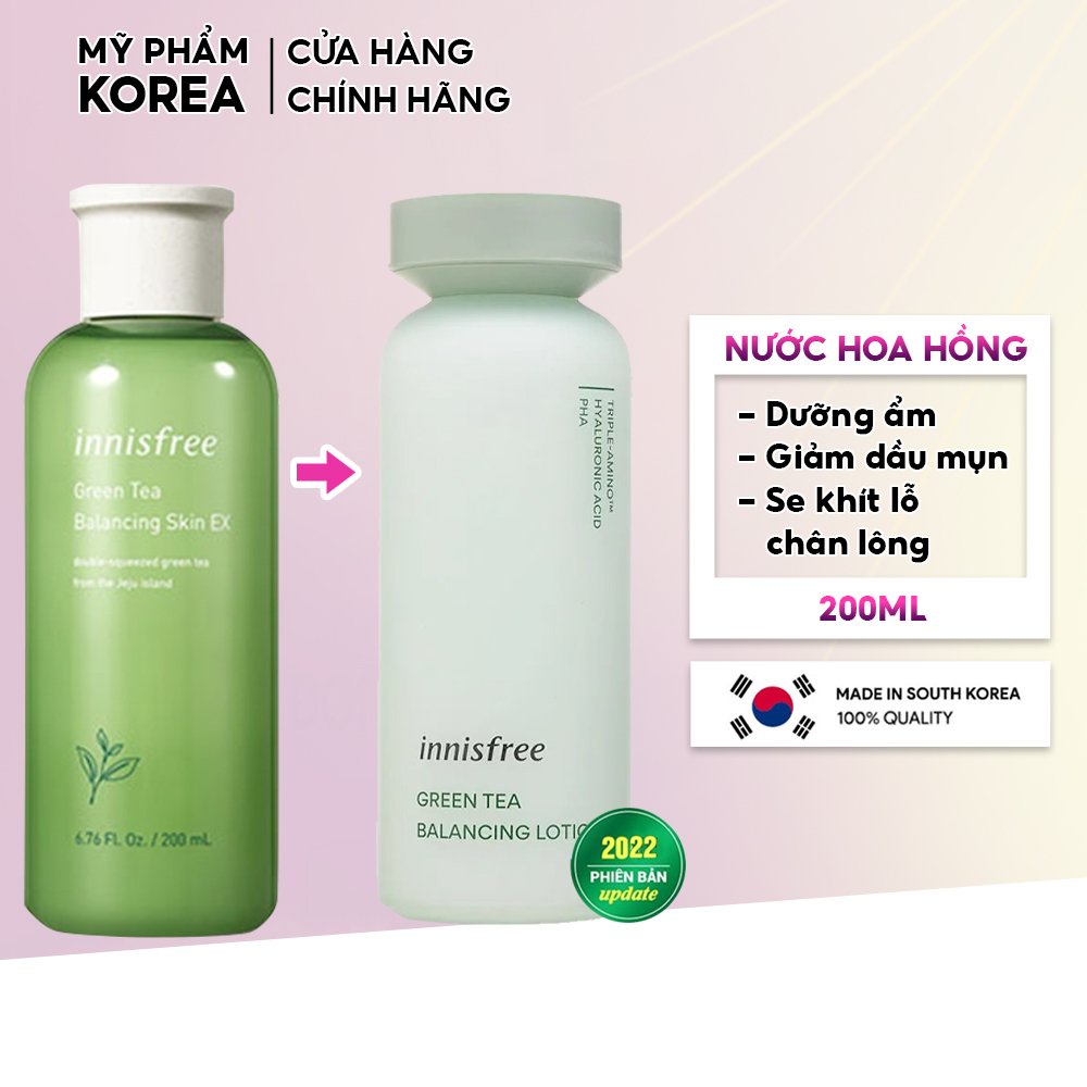 Nước hoa hồng dưỡng ẩm giảm dầu mụn se khít lỗ chân lông chiết xuất từ trà Xanh Innisfree Green Tea Skin EX 200ml