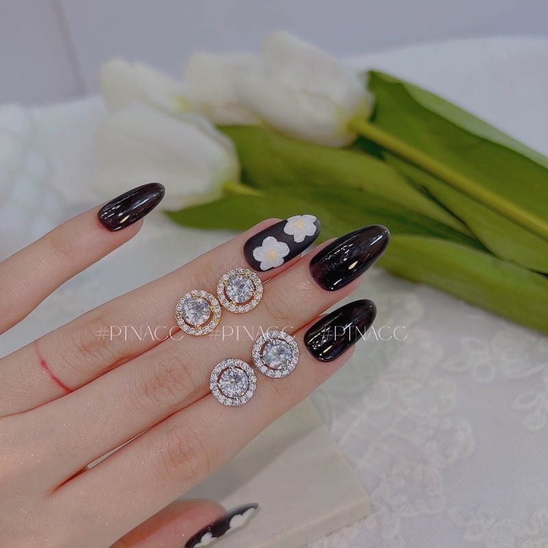 Bông tai, khuyên tai xi bạch kim xi mạ vàng đá tròn siêu sáng 6li .PTNACC.