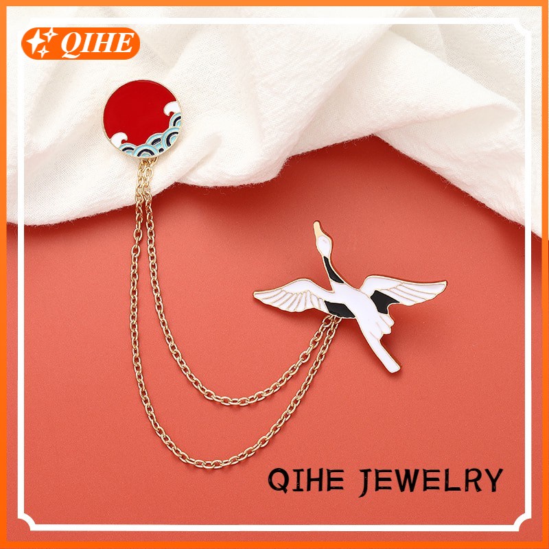 Ghim cài áo QIHE JEWELRY hình chim hạc phong cách Nhật Bản nghệ thuật