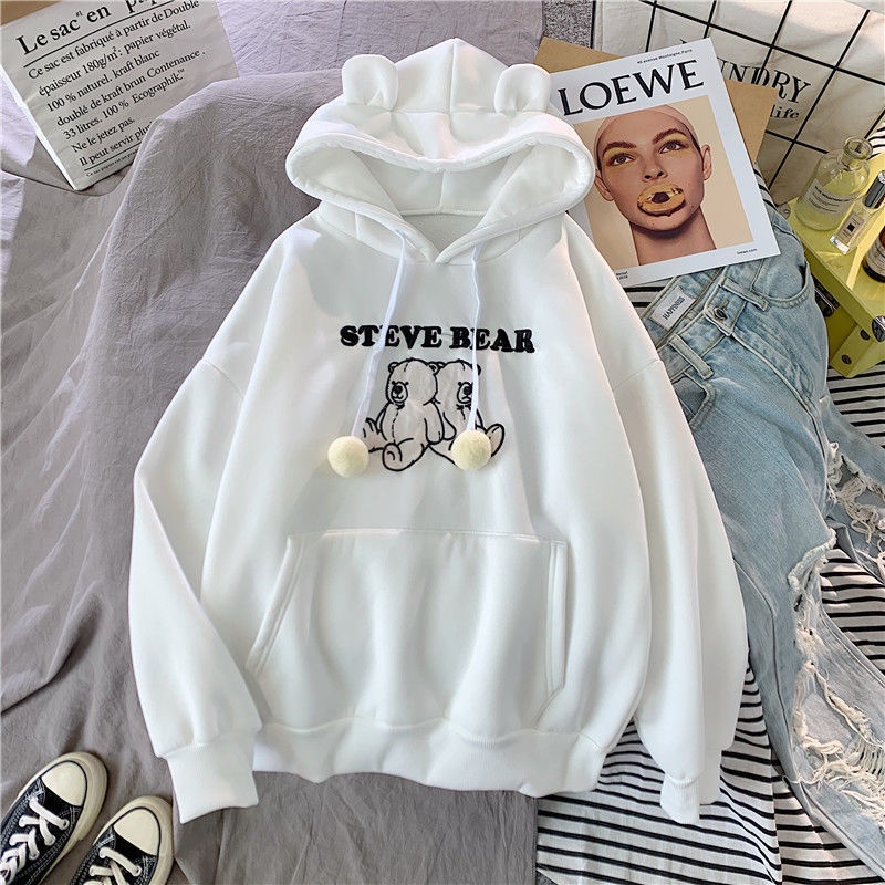 Áo Hoodie Dáng Rộng Thêu Hình Tai Gấu Dễ Thương Cho Nữ