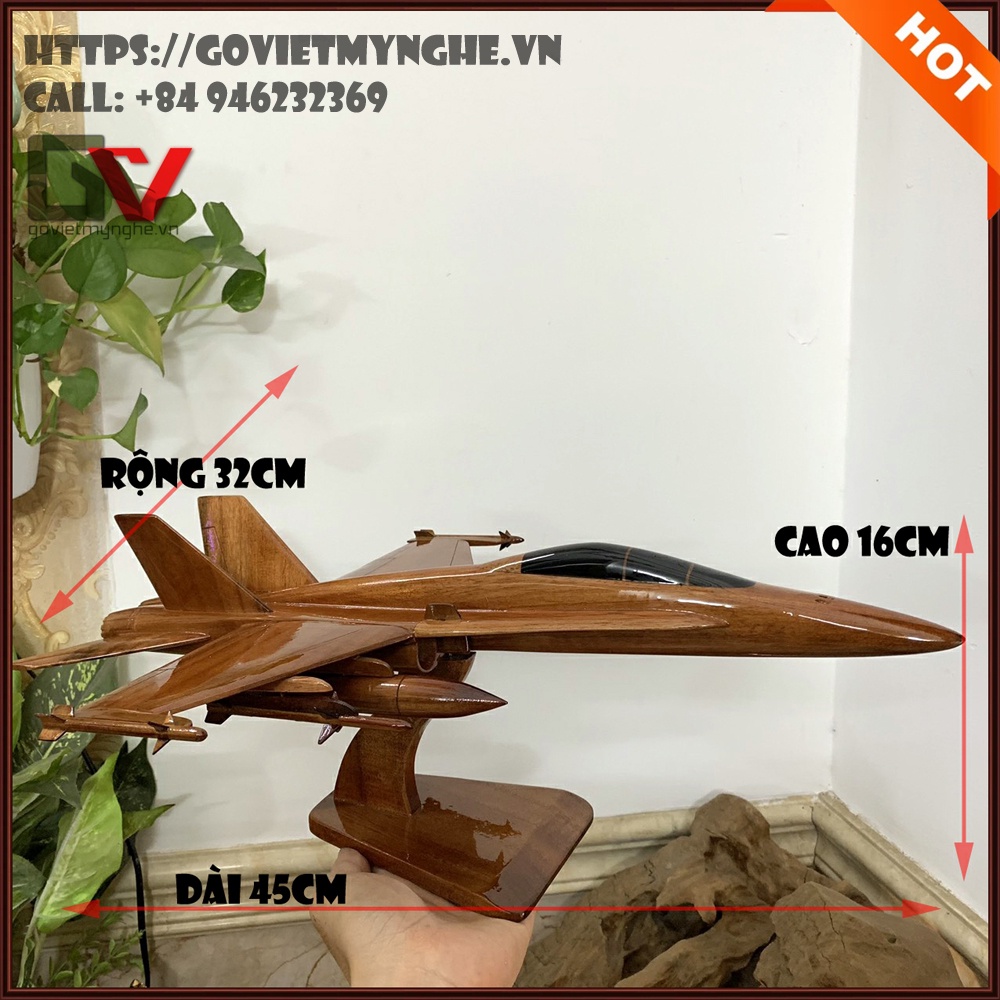 Mô hình máy bay gỗ chiến đấu F18 Hornet của Mỹ - Hàng thủ công mỹ nghệ Việt nam xuất khẩu - Dài 44cm - Gỗ tự nhiên