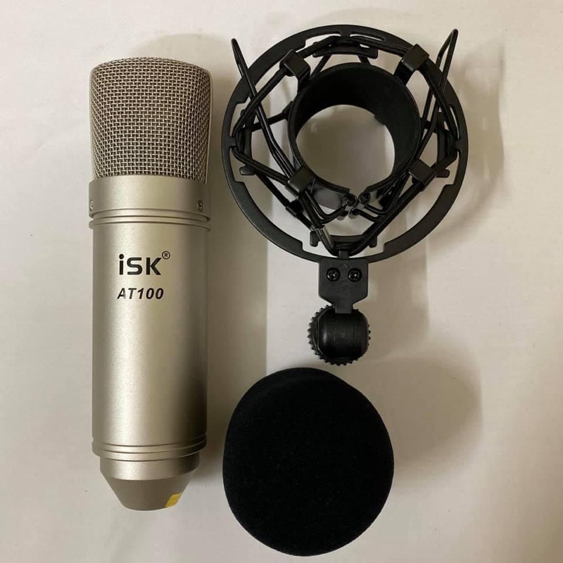 Combo Thu âm karaoke Mic isk At100-Bàn Trộn Mixer F4 Bluetooth Màn Hình LED kèm phụ kiện