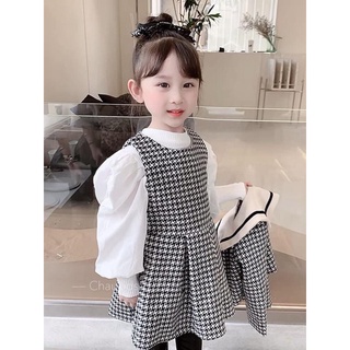 Set váy dạ kẻ nơ trắng bé gái