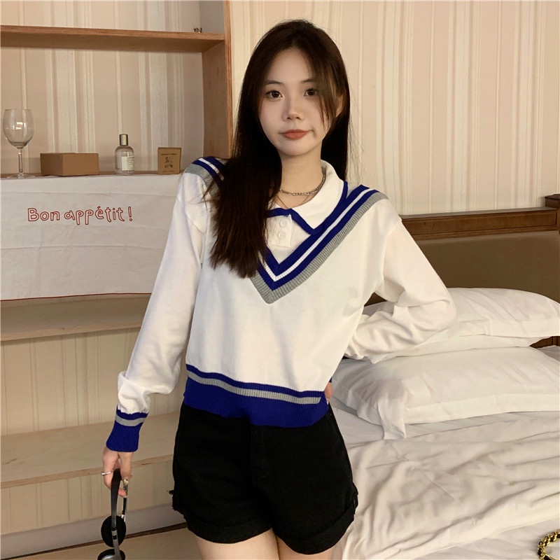 Áo len ZHELIHANGFEI tay dài dáng rộng cổ bẻ giả hai lớp dễ phối đồ thời trang