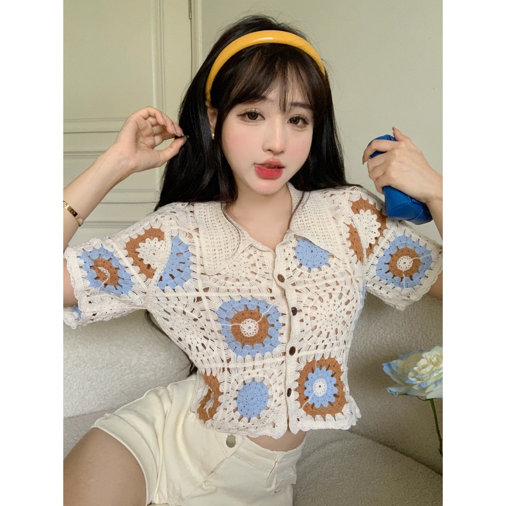 LALISAS Áo Dệt Kim Ngắn Tay Phối Lỗ Thời Trang Hàn Quốc Dễ Phối Đồ