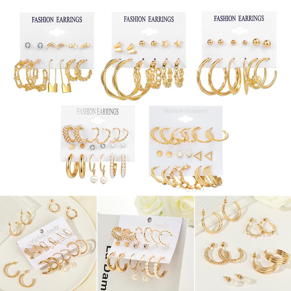 PINEVN Set 6 Đôi Bông Tai Mạ Vàng Kiểu Dáng Hình Học Thời Trang