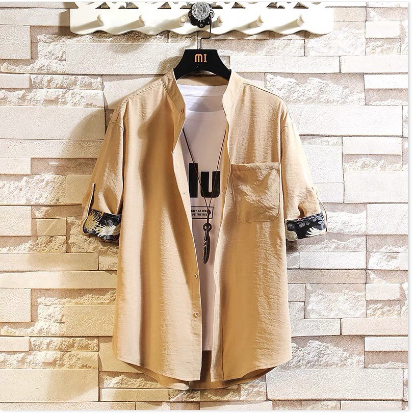 ÁO SƠ MI NAM CỔ TÀU  TAY LỠ PHỐI VIỀN TAY THỔ CẨM ĐẸP TINH TẾ