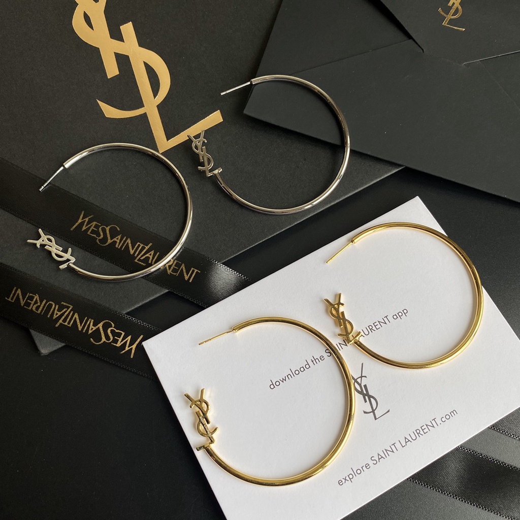 Khuyên Tai Tròn Khắc Chữ YSL Bằng Thép Titanium Thời Trang