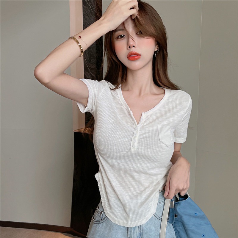 Áo Croptop Tay Ngắn Thun Tay Cổ Chữ V Đơn Giản Cho Nữ