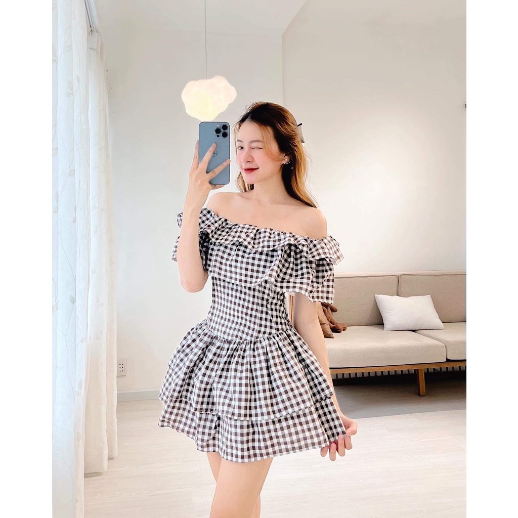 [FS] ĐẦM CARO TRỄ VAI PHỐI QUẦN TRONG TỰ TIN THẢ DÁNG CỰC XINH