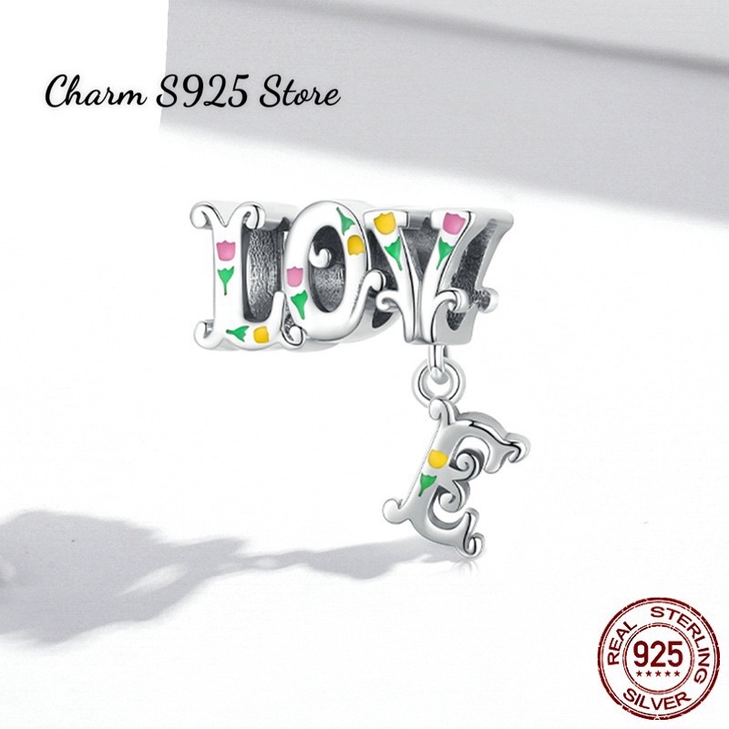 CHARM XỎ NGANG LOVE HOA LÁ BẠC S925 CAO CẤP HÀNG HÃNG
