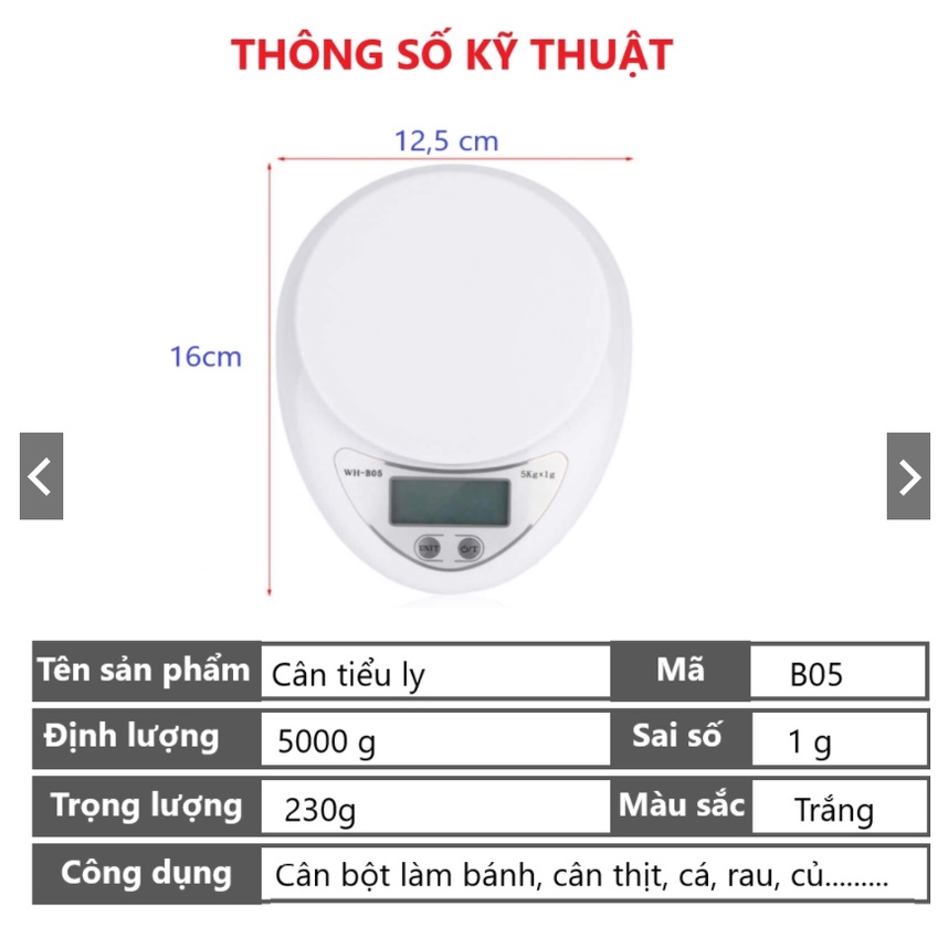 Cân Tiểu Ly Điện Tử Nhà Bếp Mini Định Lượng 1g - 5Kg Làm Bánh Độ Chính Xác Cao Tặng Kèm 2 Pin AAA