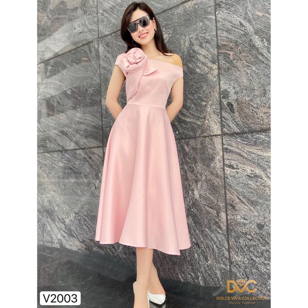 Váy hồng xòe lệch vai hoa ngực V2003 - DOLCE VIVA COLLECTION
