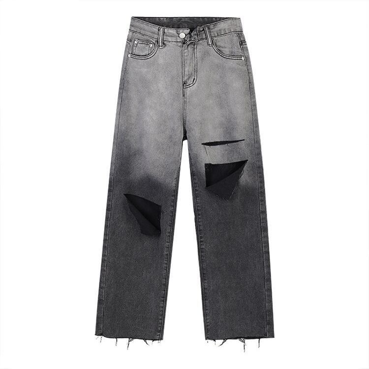Jiashucheng Hàng Có Sẵn Quần Jean Dài Lưng Cao Ống Rộng Rách Gối Màu Gradient Phong Cách Hàn Quốc Thời Trang Xuân Thu Cho Nữ