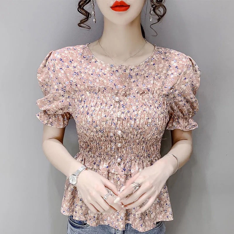 Áo Chiffon Hoa Ngắn Tay Xếp Ly Thời Trang Phương Tây