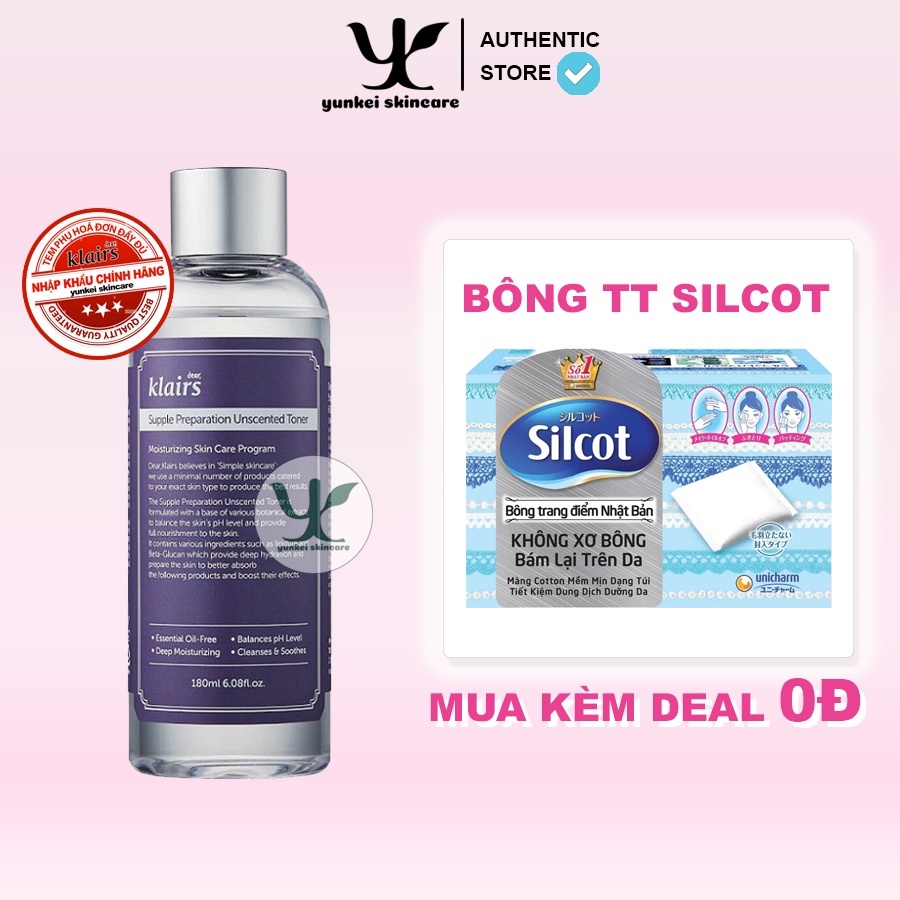 Nước hoa hồng Klairs Supple Preparation Unscented Toner 180ml