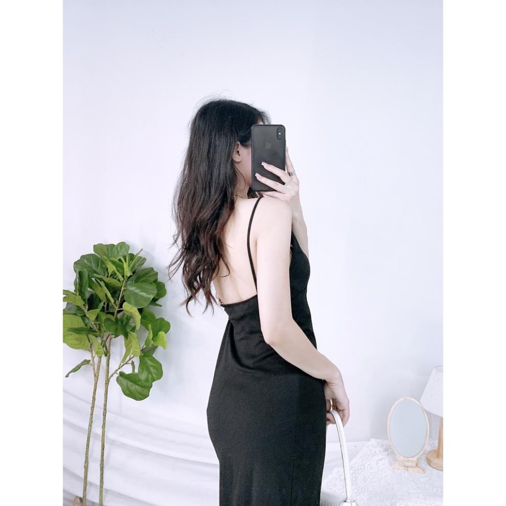 Váy 2s Midi Hở Lưng Nữ 🎁 Nana's House - FREESHIP 🎁 Đầm hai dây suông ôm body dáng dài màu đen basic  ྇