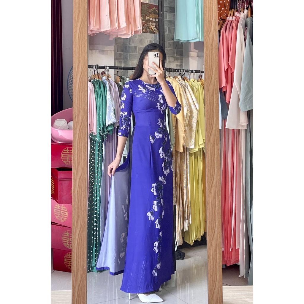 Áo dài hoa mai vàng tươi - Áo xanh tím hoa cực sang
