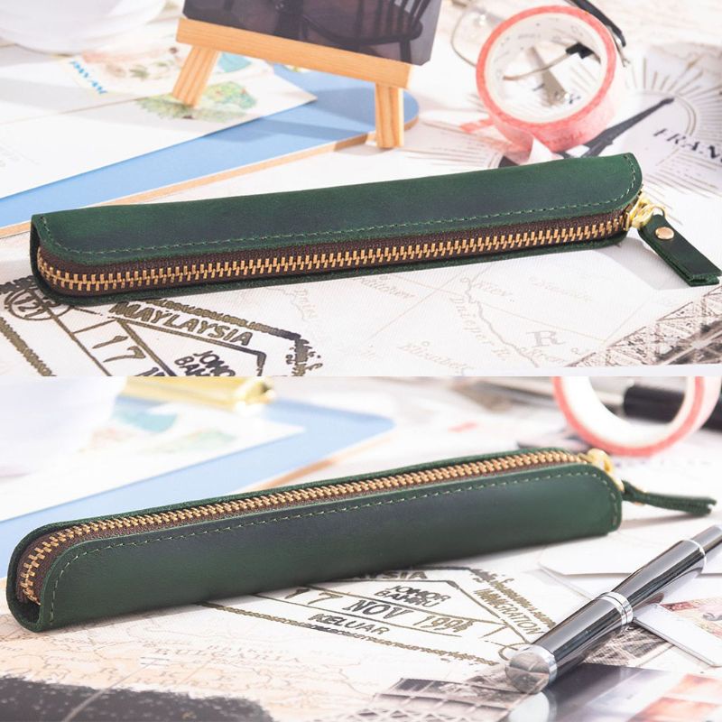 Túi Đựng Bút Bằng Da Thủ Công Có Khóa Kéo Phong Cách Vintage