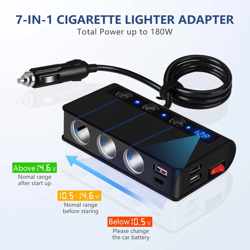 Tẩu Sạc Chia 3 Cổng USB Type-c QC 3.0 180W 12-24V Có Công Tắc Bật Lửa Cho Xe Hơi