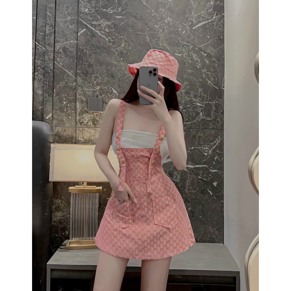 [9.9 Sales Freeship] Set yếm váy kaki nữ in họa tiết kèm áo ống trắng, set yếm váy phối túi dạo phố trẻ trung, cá tính