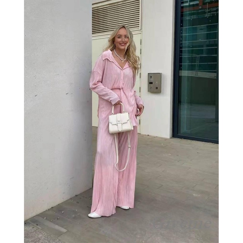 Set Đồ Nữ 2 Món Áo Sơ Mi Tay Dài Cài Nút Kèm Quần Dài Thời Trang